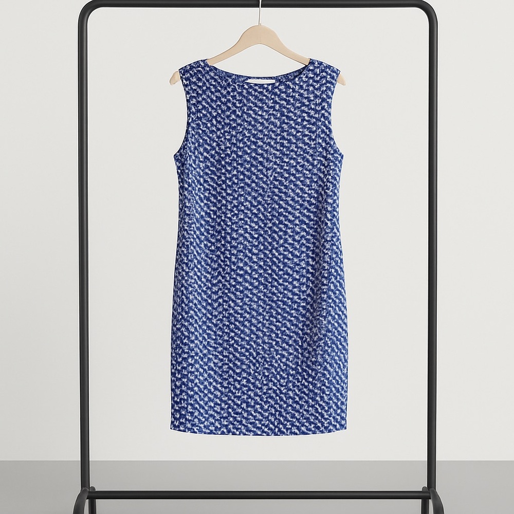 New York & Company Blue & White Geometric Midi Dress – Size Medium